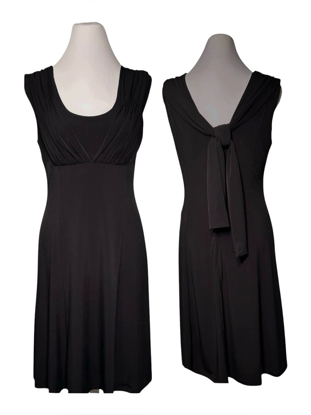 Calvin Klein Black Dress Size 4 Sleeveless Ruched Front Back Tie Stretch Elegant